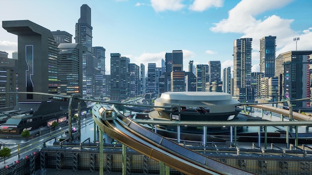 Metaverso ciudad y cyberpunk concepto 3d render