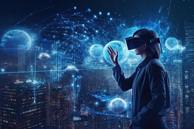 Metaverso Redes sociales en línea VR AR tecnología auriculares gafas casco concepto IA generativa