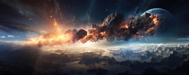 Meteor glüht, wenn er in die Erdatmosphäre eintritt, ultrarealistisches Panorama Generative Ai