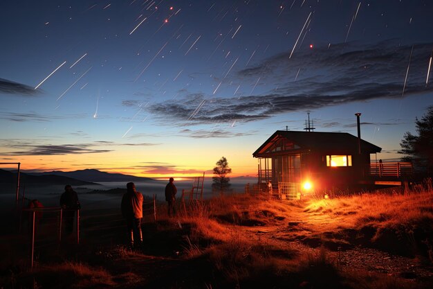 Meteoritenregen blendet Beobachter unter generativem Sternenhimmel