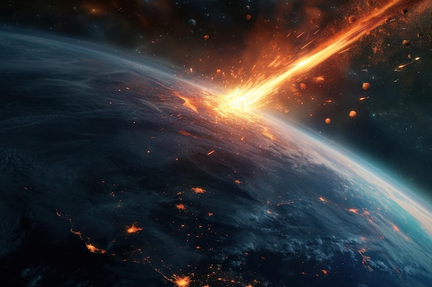Meteorito ardiente en el espacio volando hacia el planeta Tierra.