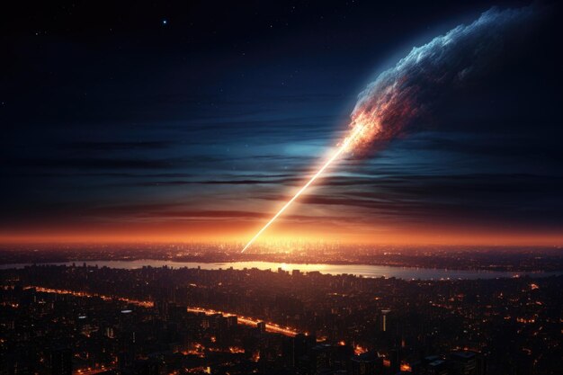 Foto el meteorito que cae sobre la ciudad de la noche