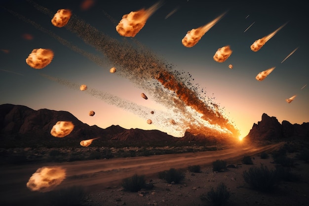 Meteoritos caindo no deserto Ilustração generativa de IA