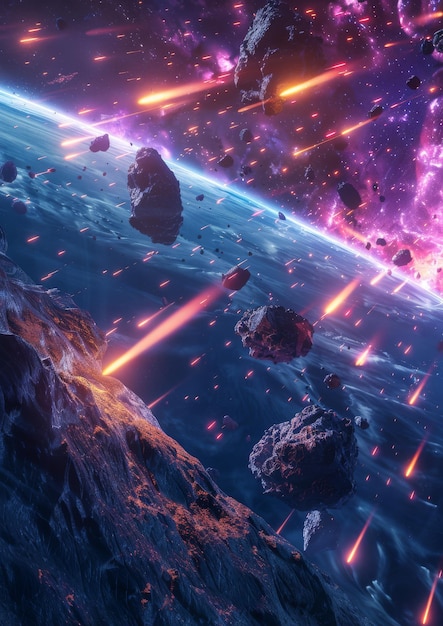 Meteoritos voando em direção à Terra linha de fogo atrás do meteorito