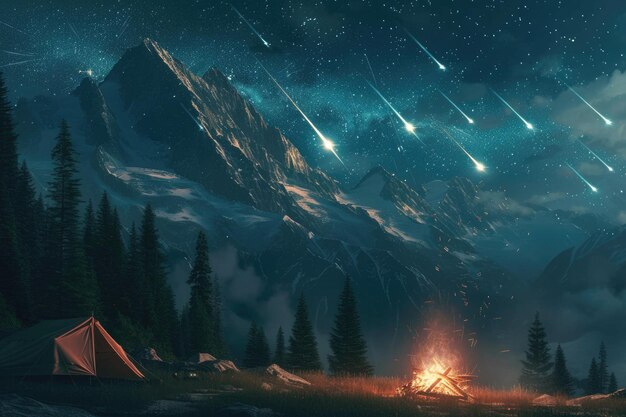 Foto meteorschauer über einer bergkette mit lagerfeuer und zelten