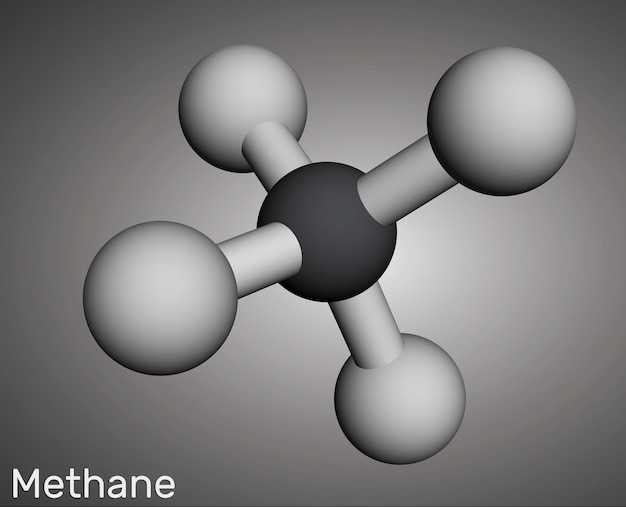 Methan-CH4-Molekül Molekulärmodell der Hauptkomponente des Erdgases 3D-Rendering