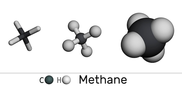 Methan-CH4-Molekül Verschiedene 3D-Molekülmodelle auf einem weißen Hintergrund 3D-Rendering