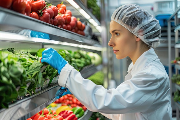 Un meticuloso científico de la alimentación evalúa la calidad de las verduras frescas en un entorno de laboratorio controlado