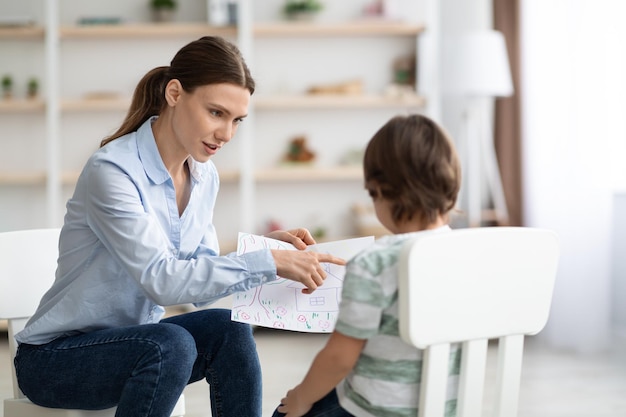 Métodos modernos de diagnóstico psicológico de niños mujer psicóloga profesional mostrando imagen a