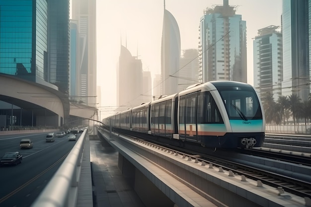 Metrô entre arranha-céus de vidro em Dubai Tráfego na rua em Dubai Conceito de futuro em Dubai Cityscape skyline Fundo urbano Generative Ai