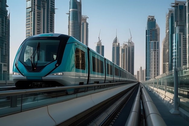 Metrô entre arranha-céus de vidro em Dubai Tráfego na rua em Dubai Conceito de futuro em Dubai Cityscape skyline Fundo urbano Generative Ai