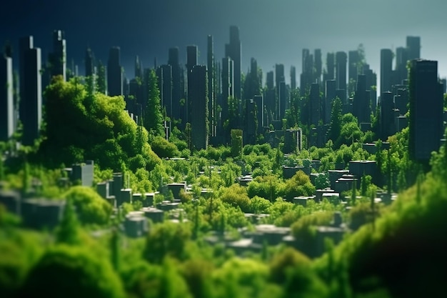 Metrópole verde da futura cidade de alta tecnologia com vegetação exuberante e céu claro