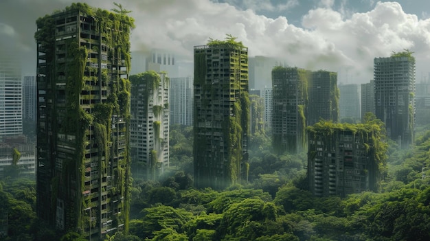 Una metrópolis abandonada cubierta de hierba y árboles una ciudad tragada por la naturaleza