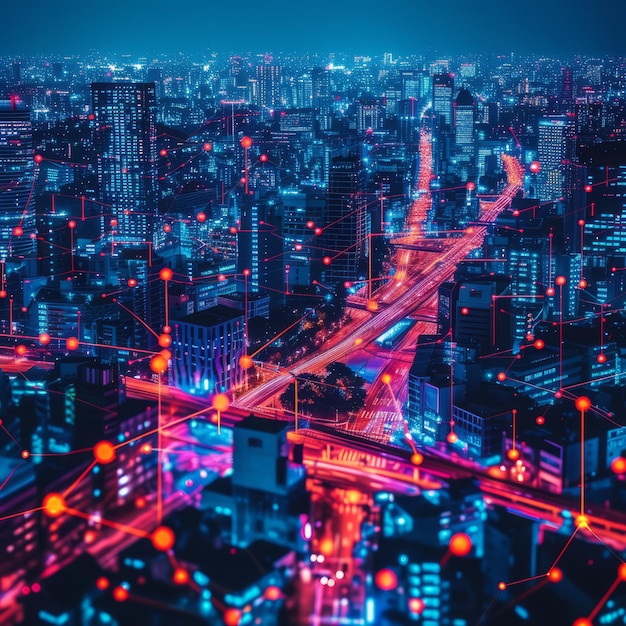 Una metrópolis bulliciosa por la noche con una red de conexiones brillantes entre los edificios