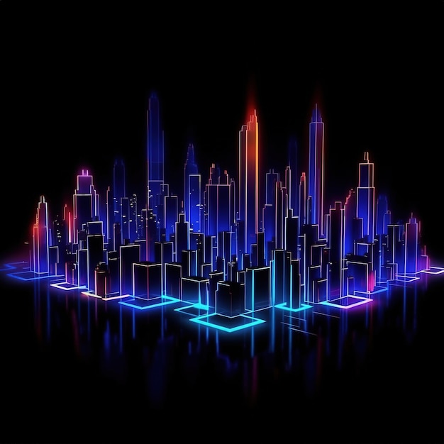 metropolis cityscape line art cores de néon vibrantes preto a azul majestoso fundo de gradiente