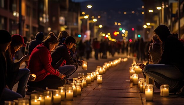 Foto una metrópolis ciudad en bogotá ciudad sin electricidad gente iluminando con velas y linterna de mano