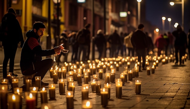 una metrópolis ciudad en Bogotá ciudad sin electricidad gente iluminando con velas y linterna de mano