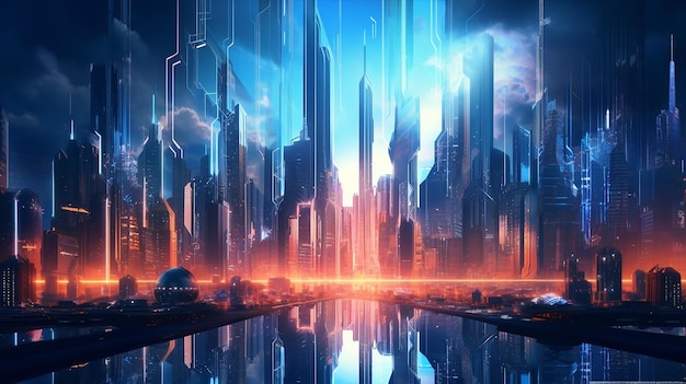 Metrópolis futurista con altos rascacielos IA generativa