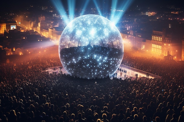 La metrópolis llena de gente abraza la esfera brillante de la IA generativa
