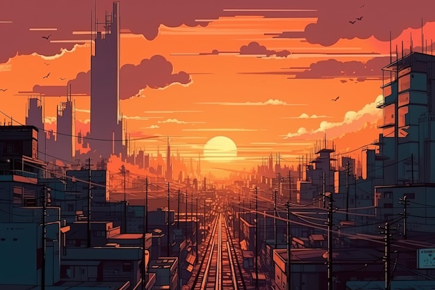 Metrópolis moderna hermosa puesta de sol naranja en estilo anime Generado ai
