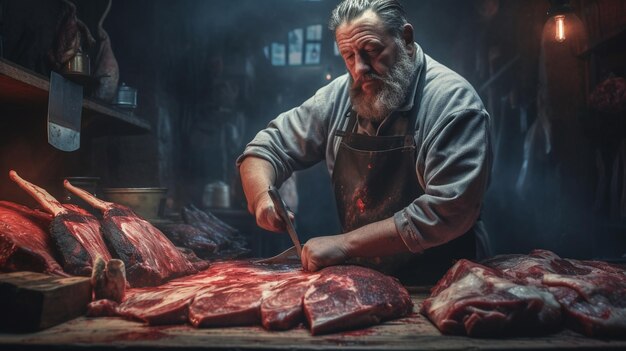 Metzger schneidet Fleisch auf dem Tisch