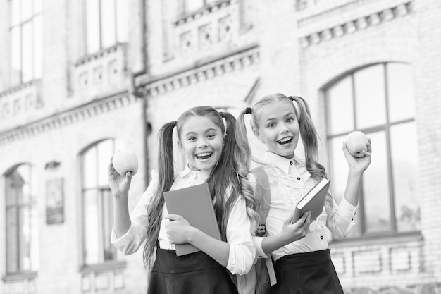 Meu amigo engraçado de volta à escola duas meninas pequenas prontas para estudar fazem lição de casa juntas irmãs no intervalo com maçã saudável e feliz irmandade de infância e amizade melhores amigas da escola