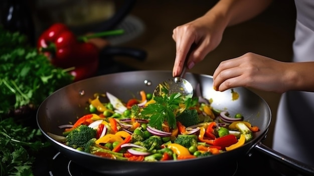 Mexendo legumes em uma frigideira