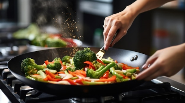 Mexendo legumes em uma frigideira