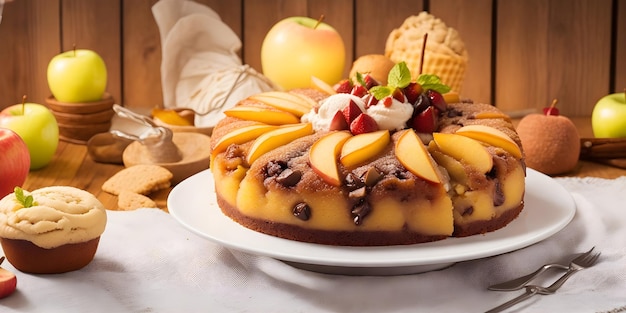 Mexicano al revés pastel de manzana postres galletas de helado en la mesa de madera luces bokeh