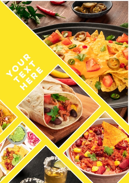 Mexicano Food Collage modelo de design um layout para um menu de restaurante cobrir um cartaz flyer etc com um lugar para texto e logotipo em um fundo amarelo