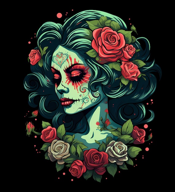 México catrina crânio menina linha grossa ilustração plana clip art