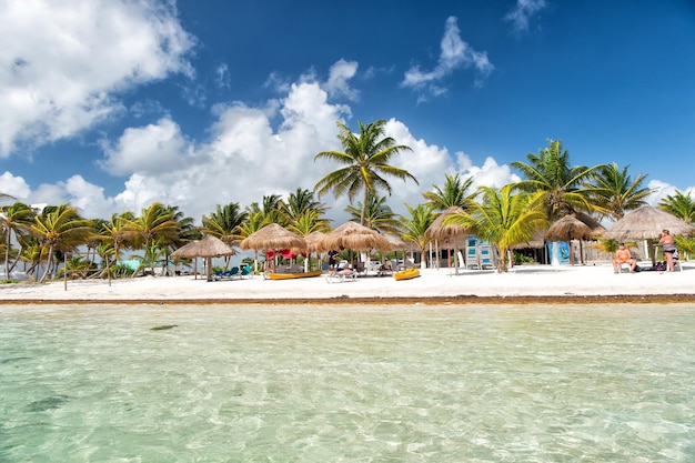 México Costa Maya 1 de fevereiro de 2016 praia tropical no mar transparente ou água do oceano com espreguiçadeiras na areia branca com estância turística de palmeiras verdes em dia ensolarado de verão no céu azul