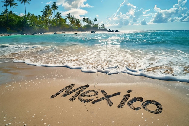 México escrito na areia em uma praia turismo mexicano e fundo de férias