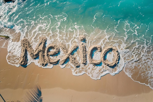 México escrito na areia em uma praia turismo mexicano e fundo de férias