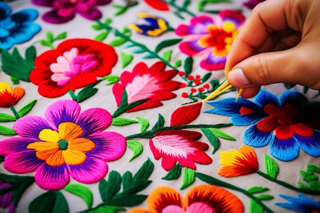 Mexikanische Blumenbroderie in einer lebendigen, farbenfrohen Palette