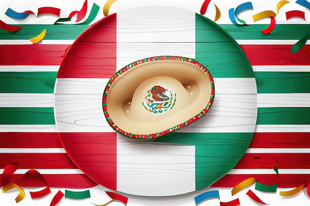 Mexikanische Feiertagshintergrund Sombrero mexikanische Flagge Konfetti auf weißem Holz Generative Ai
