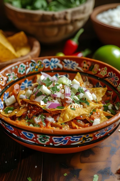 Mexikanische Küchenkunst Handgefertigte Keramik, die die Magie von Chilaquiles zeigt