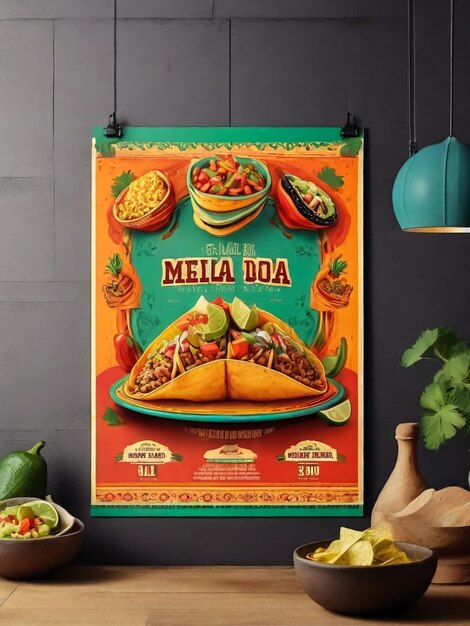 Mexikanische Lebensmittel-Flyer-Werbebroschüre Promo-Banner Nationales Küchen-Poster mit Flaggenfarben und Taco-Nachos und anderen Cartoon-Flachstil