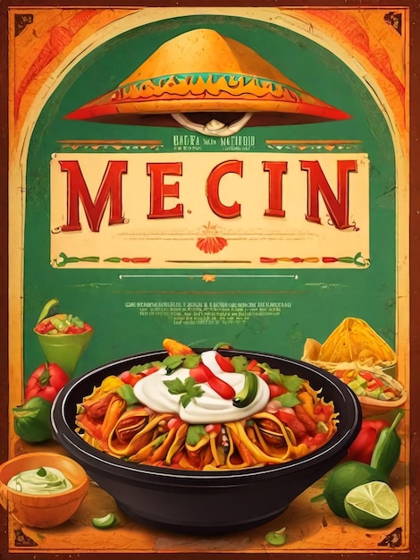 Mexikanische Lebensmittel-Flyer-Werbebroschüre Promo-Banner Nationales Küchen-Poster mit Flaggenfarben und Taco-Nachos und anderen Cartoon-Flachstil