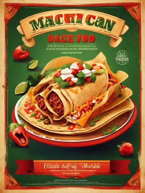 Mexikanische Lebensmittel-Flyer-Werbebroschüre Promo-Banner Nationales Küchen-Poster mit Flaggenfarben und Taco-Nachos und anderen Cartoon-Flachstil