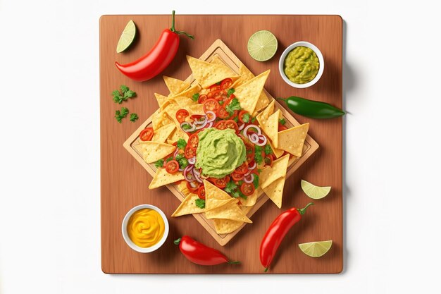 Mexikanische Maischip-Nachos mit Käse-Dip-Salsa und Guacamole Veganer gesunder Nachos-Snack Draufsicht isoliert auf Weiß Nacho-Tortilla-Chips auf einem Holzbrett