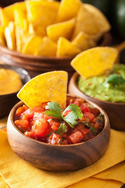 Mexikanische Nachos Tortilla Chips mit Guacamole und Salsa Dip