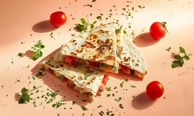 Mexikanische Quesadilla mit Hühner-Tomaten-Salsa, kostenloser Kopierraum, flach gelegt