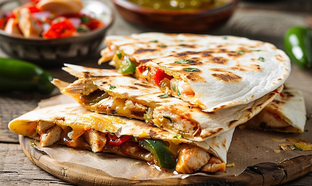 Mexikanische Quesadilla mit Hühnerkäse und Paprika auf einem Holztisch