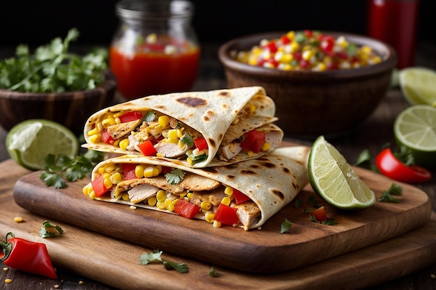 Mexikanische Quesadilla mit Hühnermais, süßem Pfeffer und Salsa