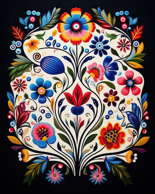 Mexikanische Stickerei mit komplizierten Mustern aus farbenfrohen Blumen und blühenden Reben