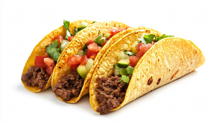 Foto mexikanische tacos mit fleisch und salsa auf weißem hintergrund