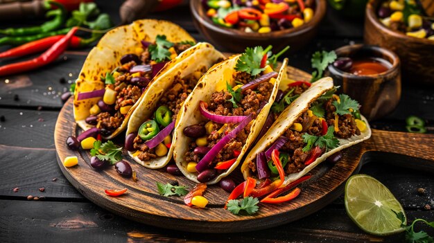 Foto mexikanische tacos mit hackfleisch, bohnen und gewürzen auf einem teller