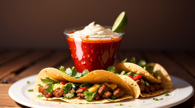 Foto mexikanische tacos mit pommes frites und roter chilisauce