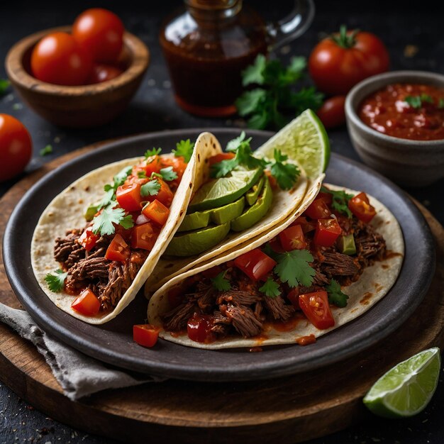 Mexikanische Tacos mit Rindfleisch in Tomatensauce und Salsa